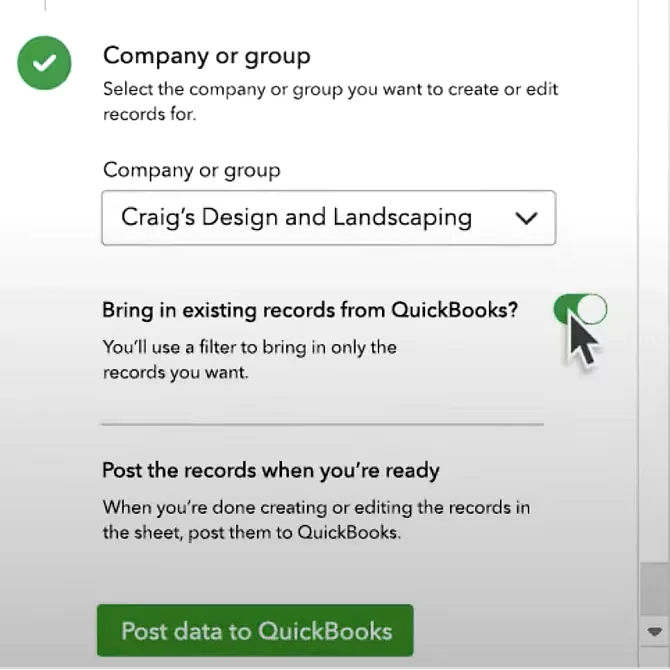 QuickBooks Advanced spreadsheet sync dashboard