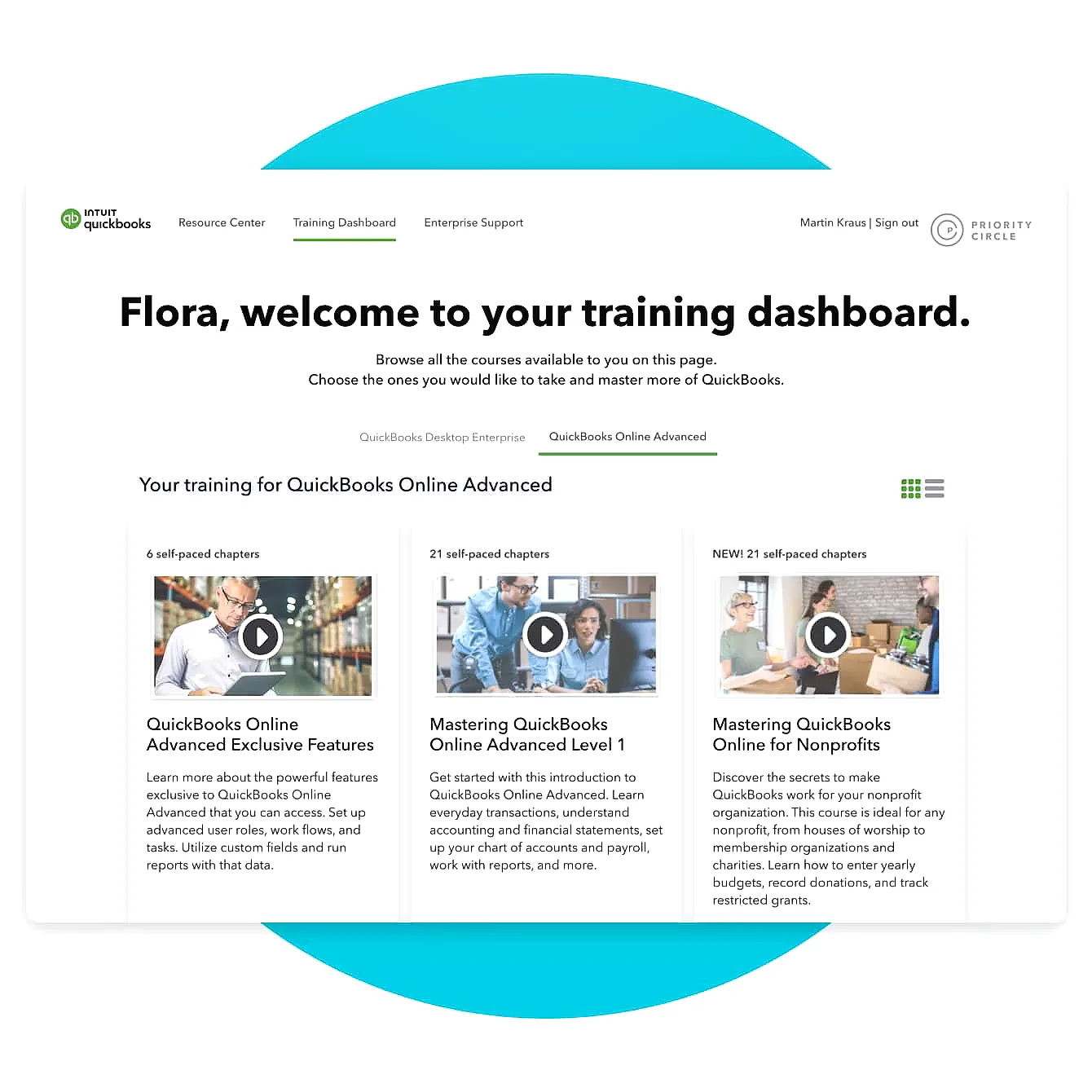 QuickBooks ProAdvisor training dashboard with financial tools